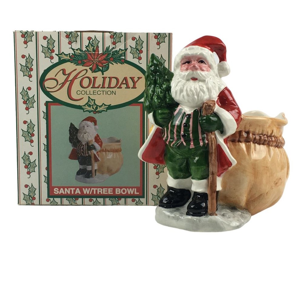 World Bazaars Holiday Collection Santa W/tree Bowl Ceramic Christmas Decor Vinta